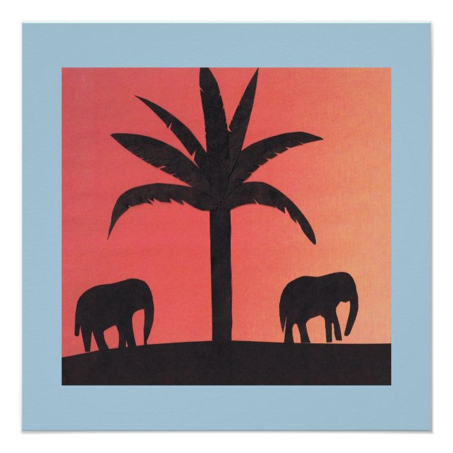 Poster avec des silhouettes d'éléphants et un palm (Devant)