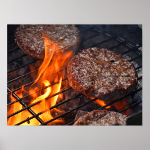 Poster avec viande barbecue hamburgers et feu flam
