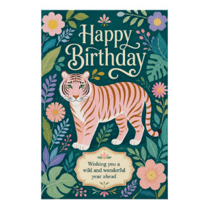 Poster Aventure d'anniversaire de Tigre Rose Sauvage