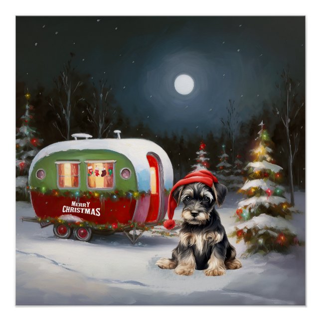 Poster Aventure de Noël de la caravane de Schnauzer d'hiv (Devant)