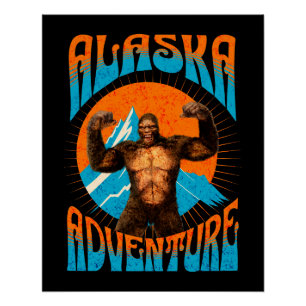 Poster Aventure rétro Sasquatch de montagne en Alaska