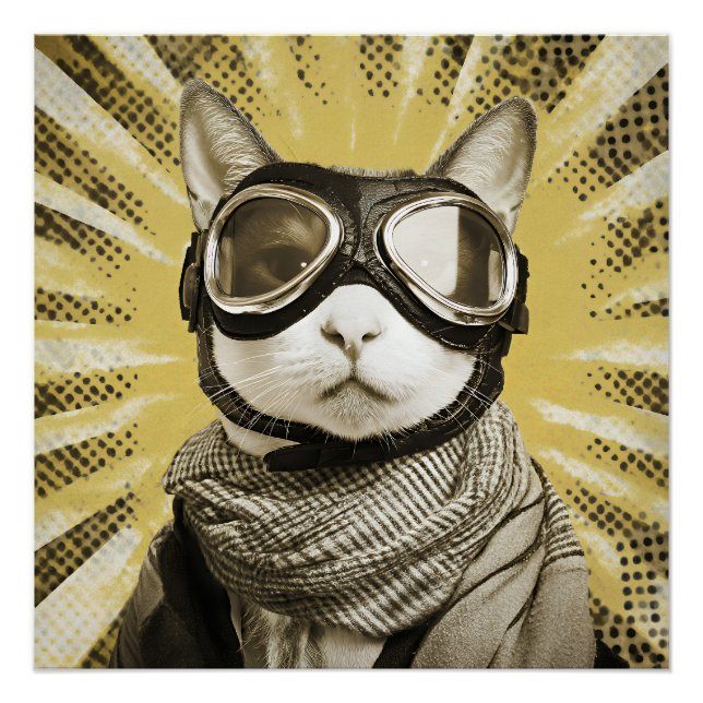 Poster Aviator Cat Goggles Sunburst Portrait (Devant)