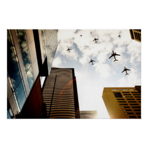 Poster Avions volant au-dessus des bâtiments