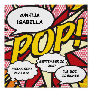 Poster Baby Birth Stats Comic Book Pop Art Keepsaké