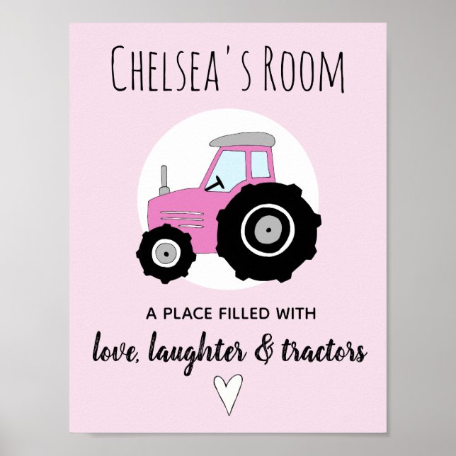Poster Baby Girl Doodle Pink Farm Tractor Nom Nursery (Devant)