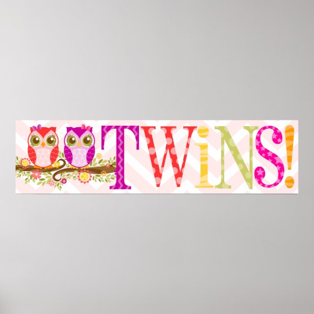 Poster Baby Owls - Twin Girls Pink & Purple Shower Banner (Devant)