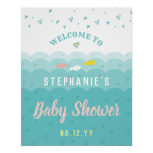 Poster Baby shower Bienvenue Coeurs Océaniques mignons Wh