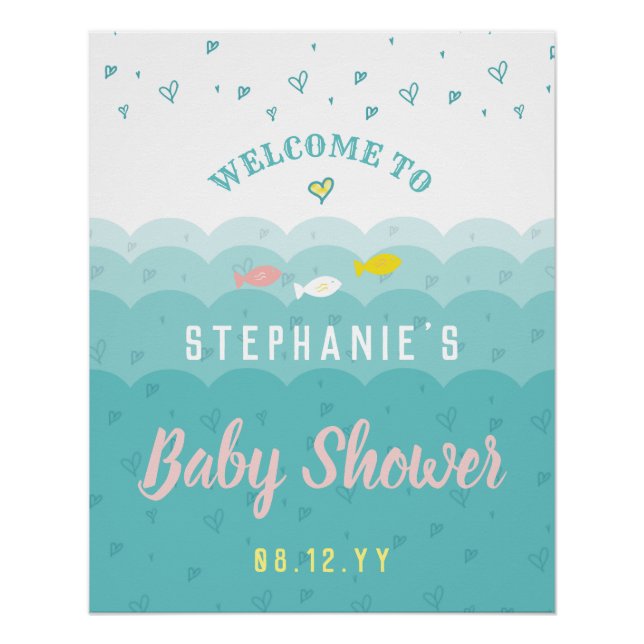 Poster Baby shower Bienvenue Coeurs Océaniques mignons Wh (Devant)