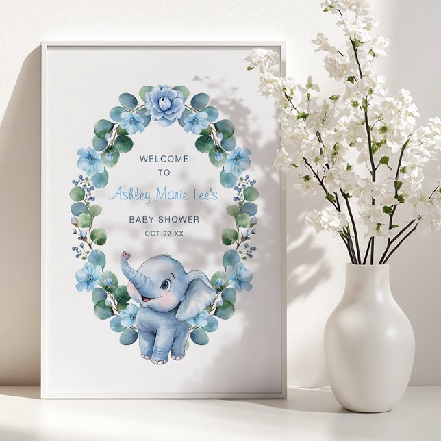Poster Baby shower bleu éléphant - Aquarelle (Baby Shower Welcome Sign)