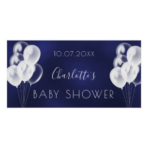 Poster Baby shower bleu marine garçon blanc ballons