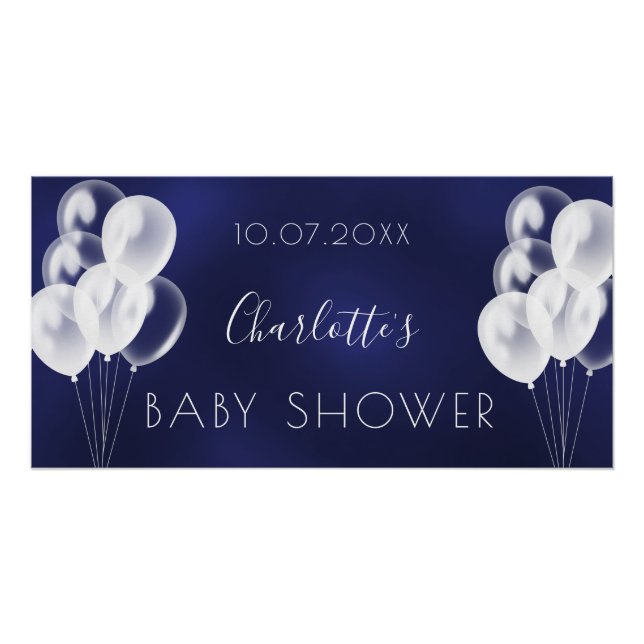 Poster Baby shower bleu marine garçon blanc ballons (Devant)