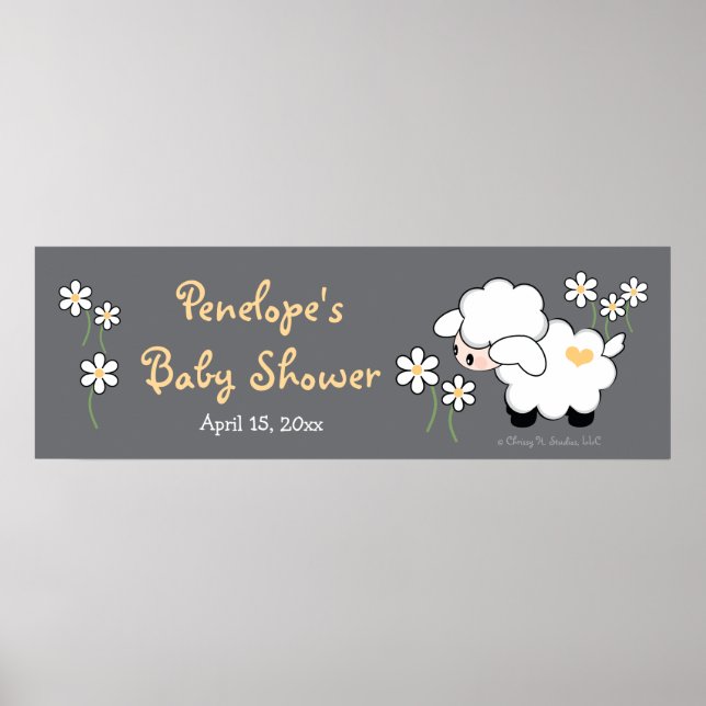 Poster Baby shower d'agneau de coeur gris et jaune (Devant)