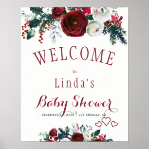 Poster Baby shower de bouquet d'hiver rouge bordeaux