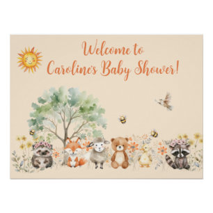 Poster Baby shower de pêche pâle de la faune forestière