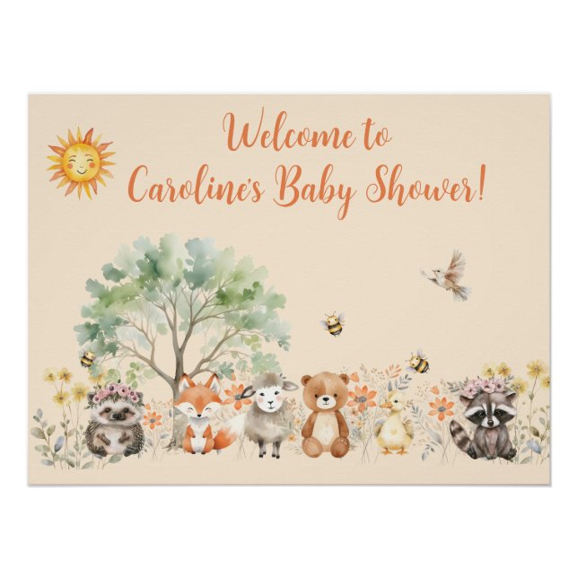 Poster Baby shower de pêche pâle de la faune forestière (Devant)