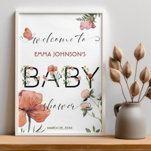 Poster Baby shower de Poppies rose aquarelle Bienvenue