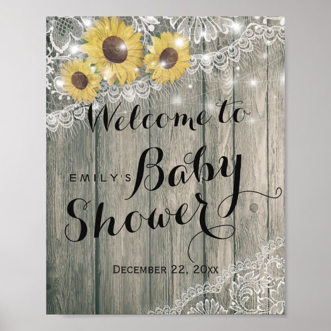 Poster Baby shower en dentelle en bois rustique Accueil (Devant)