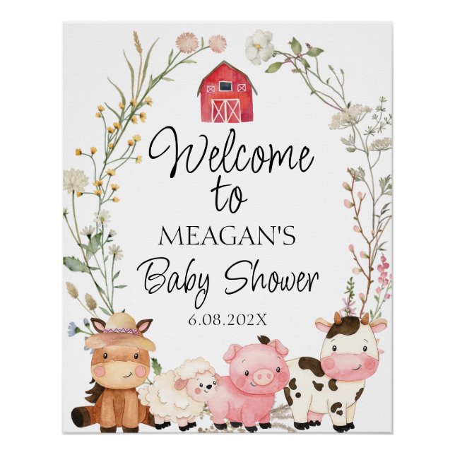 Poster Baby shower Floral Wreath Farm Animaux Bienvenue (Devant)