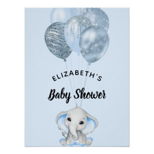 Poster Baby shower garçon éléphant bleu ballons