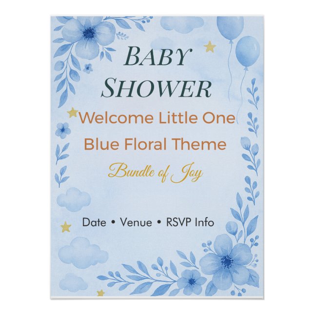 Poster Baby Shower Invitation Bundle of Joy Blue Floral (Devant)