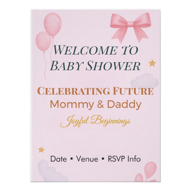 Poster Baby Shower Invitation Pink Bow Joyful Beginnings  (Devant)