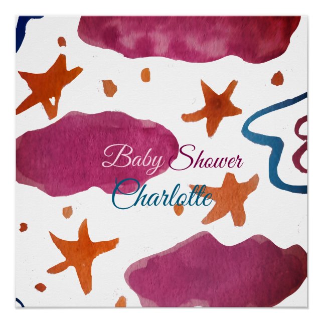 Poster Baby shower nuages rose bleu ajouter nom aquarelle (Devant)