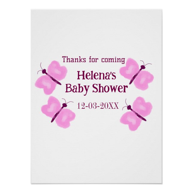 Poster Baby shower papillon rose aquarelle ajouter nom (Devant)