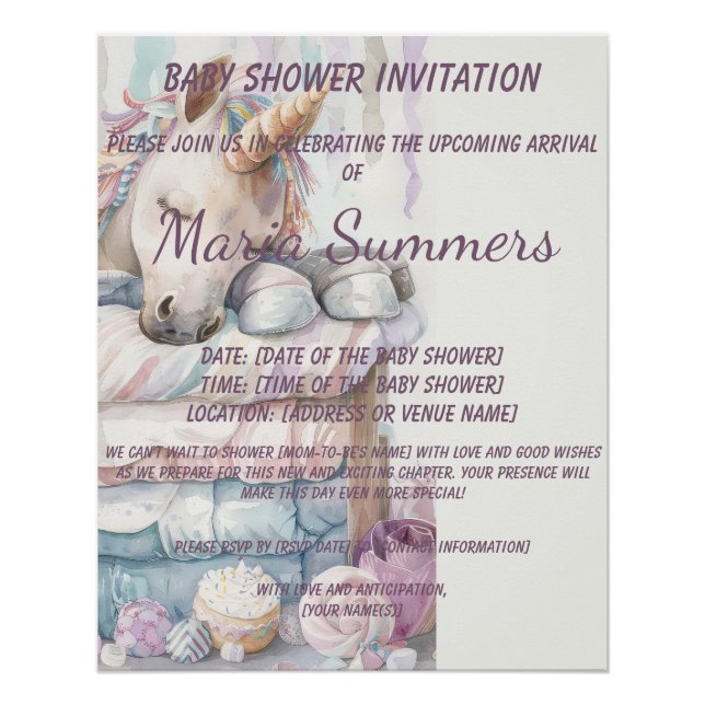 Poster Baby shower Pastel de l'Unicorne dormant (Devant)