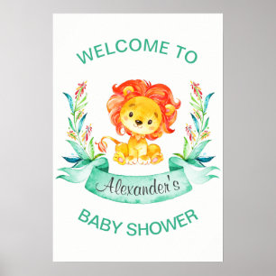 Poster Baby shower pour garçon Lion aquarelle
