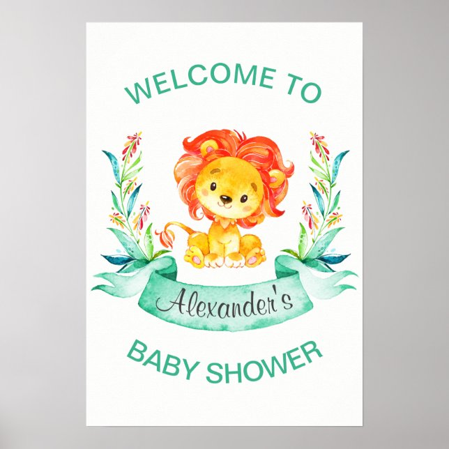 Poster Baby shower pour garçon Lion aquarelle (Devant)