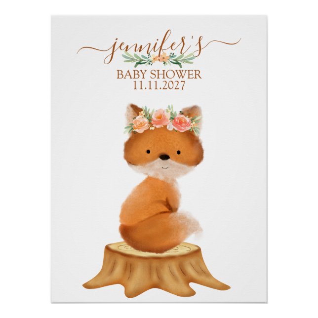 Poster Baby shower sur le thème de la faune renard et fle (Devant)