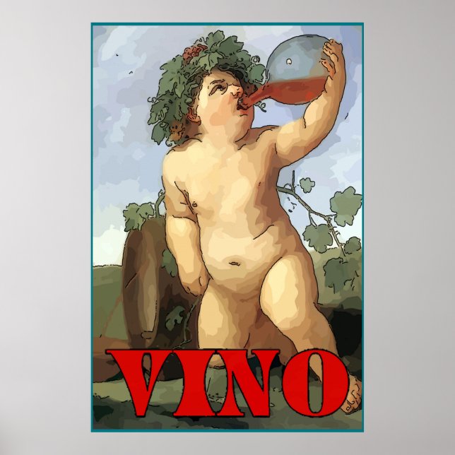 Poster Bacchus drinking wine,  VINO (Devant)