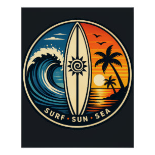 Poster Badge Vintage Surf Soleil Mer – Planche de Surf Co