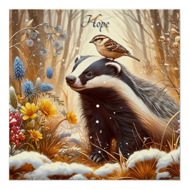 Poster Badger and Sparrow Nature Faune Rustique (Devant)