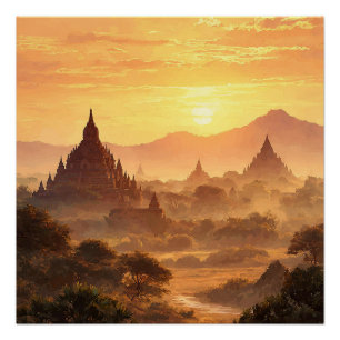 Poster Bagan Myanmar Désert Sec Avec Temples Vintage