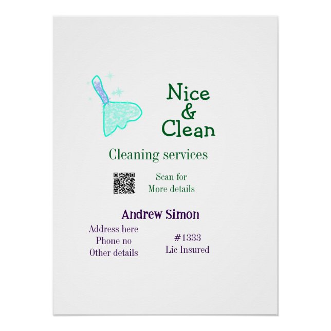 Poster Balai nettoyant vert bleu gitter ajouter nom adres (Devant)