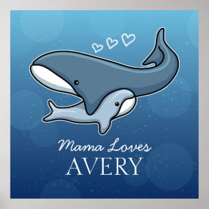 Poster Baleine maman bébé mignonne personnalisée, ajoutez