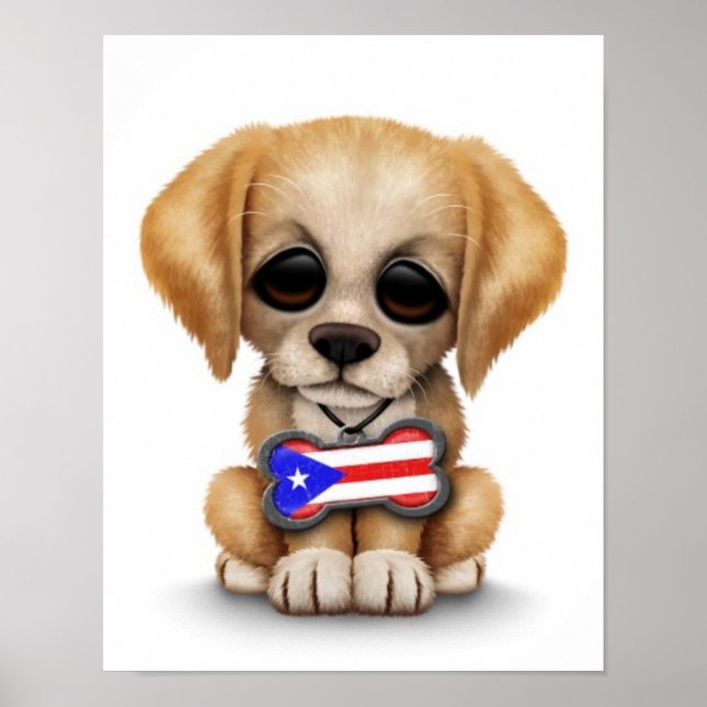 Poster Balise Chiot mignon avec Drapeau Portoricain, Blan (Devant)