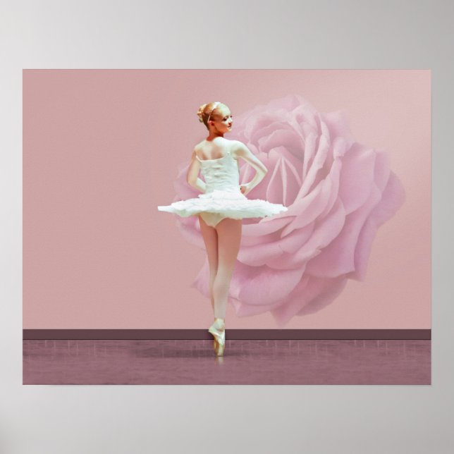 Poster Ballerina en blanc avec Rose rose (Devant)