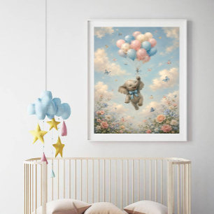 Poster Ballons flottants éléphant bébé