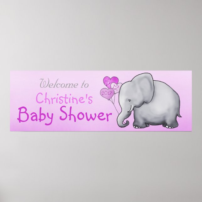 Poster Ballons roses Eléphant Girl Baby shower (Devant)