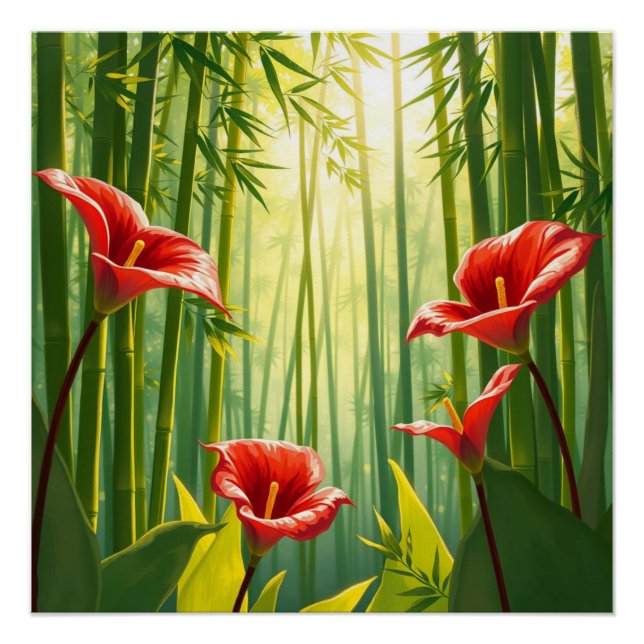 Poster bamboo forest with red callas (Devant)