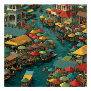 Poster Bangkok Thaïlande Marché Flottant Sur L'eau Vintag