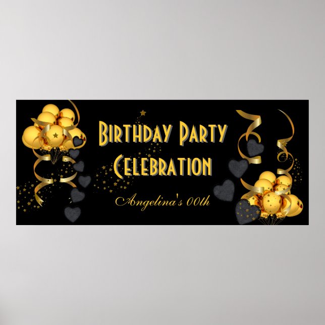 Poster Bannière célébration d'anniversaire noir or (Devant)