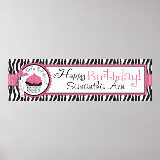 Poster Bannière d'anniversaire Zebra Print et Cupcake