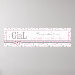 Poster Bannière de Baby shower de POINTS gris rose FILLE