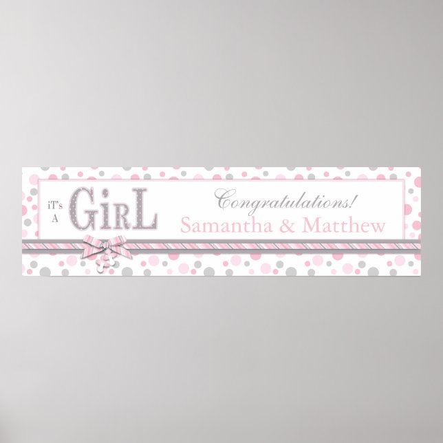 Poster Bannière de Baby shower de POINTS gris rose FILLE (Devant)