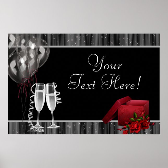 Poster Bannière de fête Champagne à paillettes Noir Blanc (Devant)
