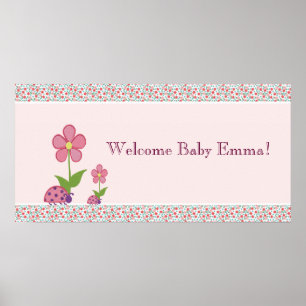 Poster Bannière de fête prénatale pour bébé Pink Ladybugs