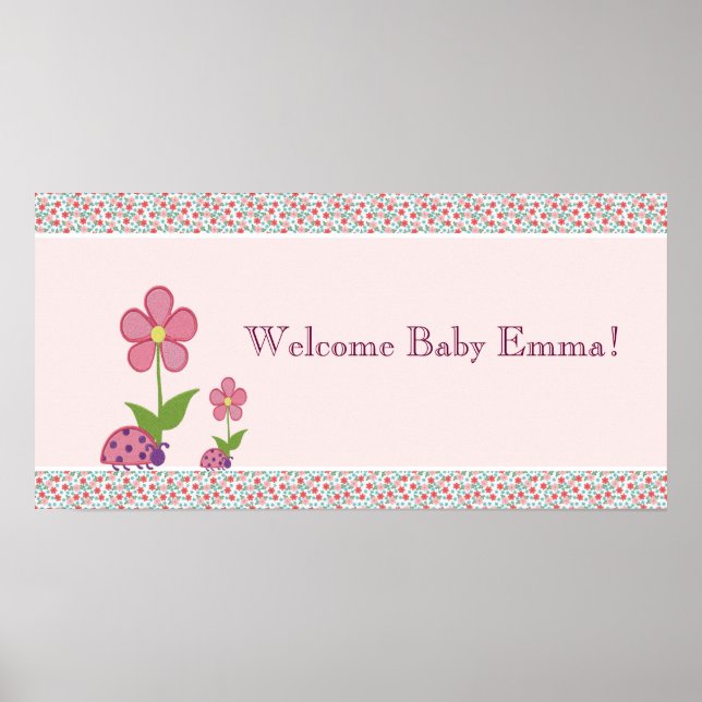 Poster Bannière de fête prénatale pour bébé Pink Ladybugs (Devant)